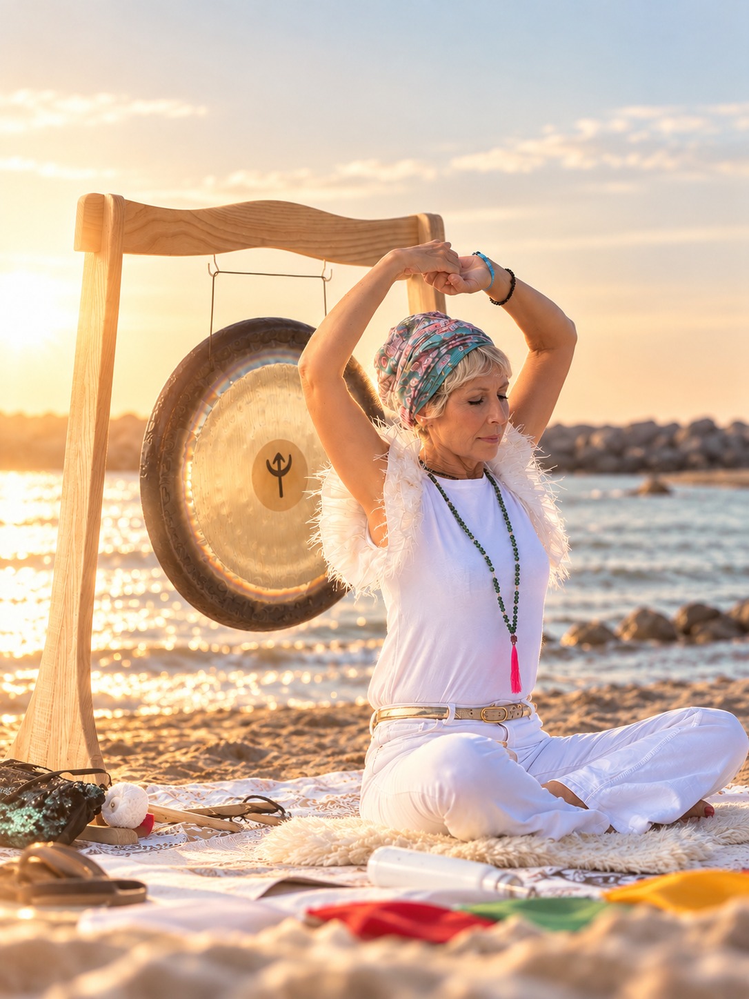 Virginie Vitcz, Tara Amrit Kaur, posture de Yoga Kundalini devant un gong au coucher du soleil
